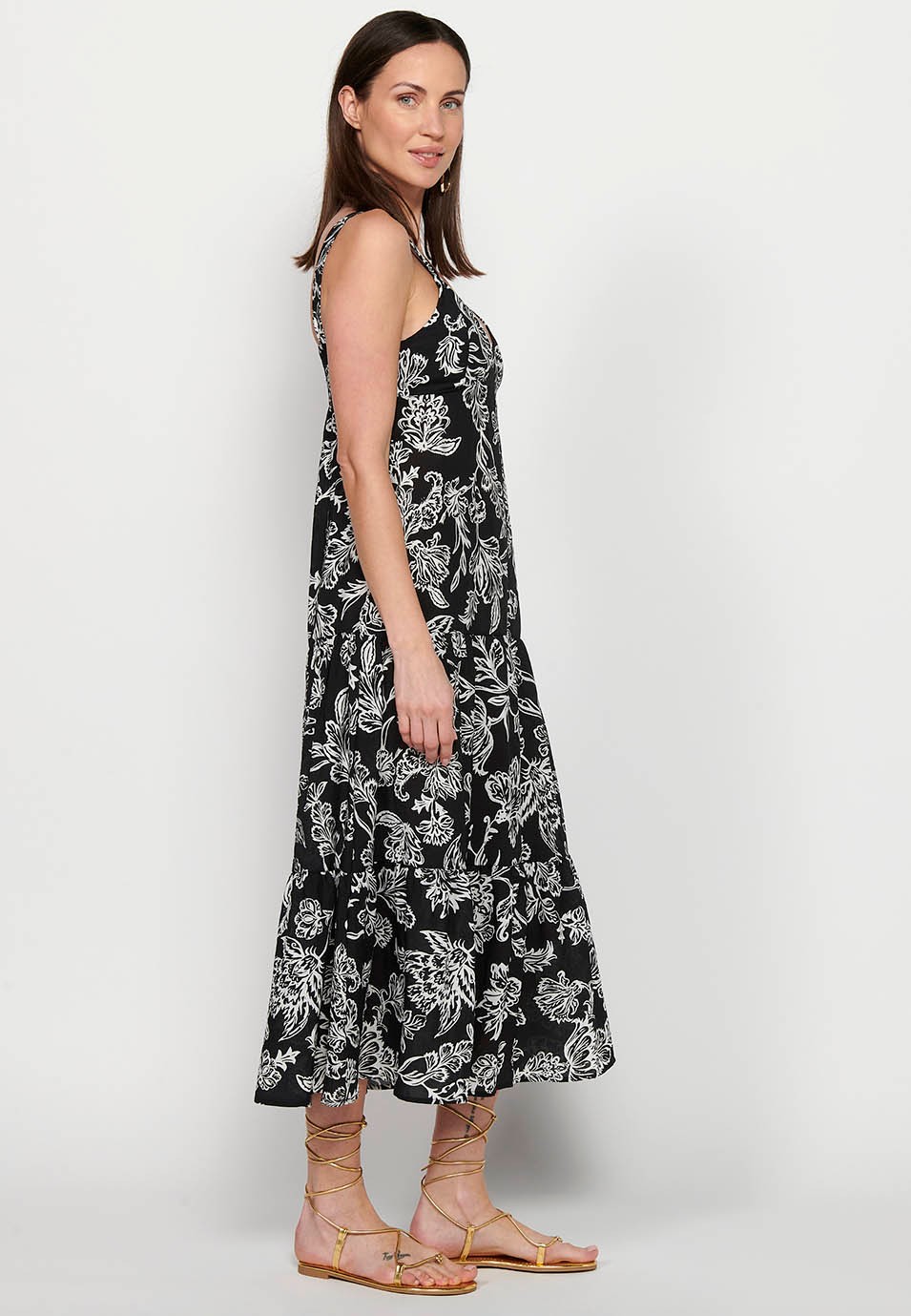 Langes Kleid mit breiten Trägern mit Rüschen und V-Ausschnitt mit Blumendruck in Schwarz für Damen 6