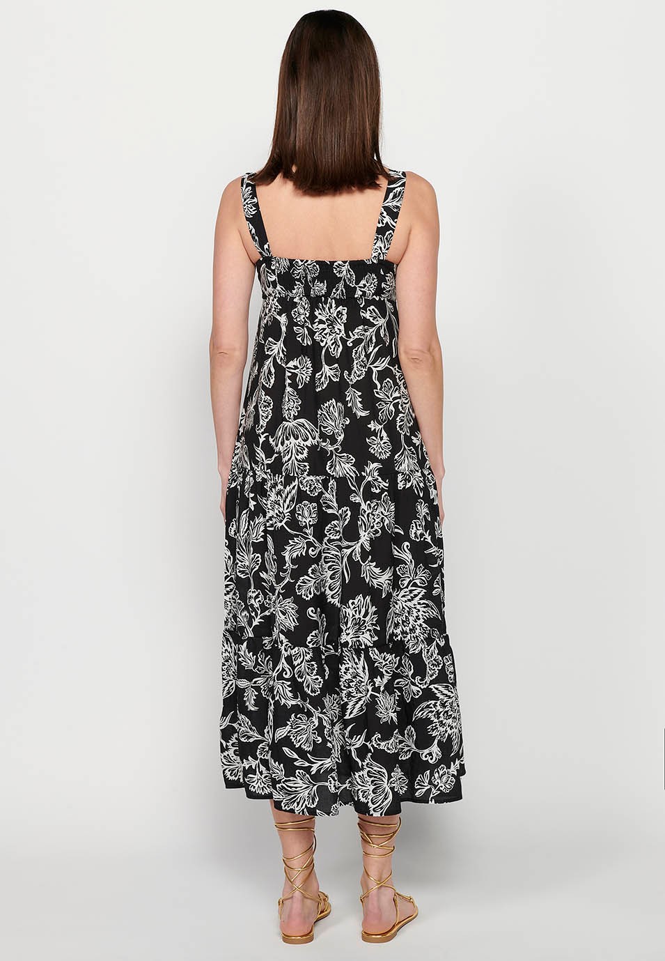Long dress with wide straps with ruffle finish and V-neckline with floral print in Black for Women 9