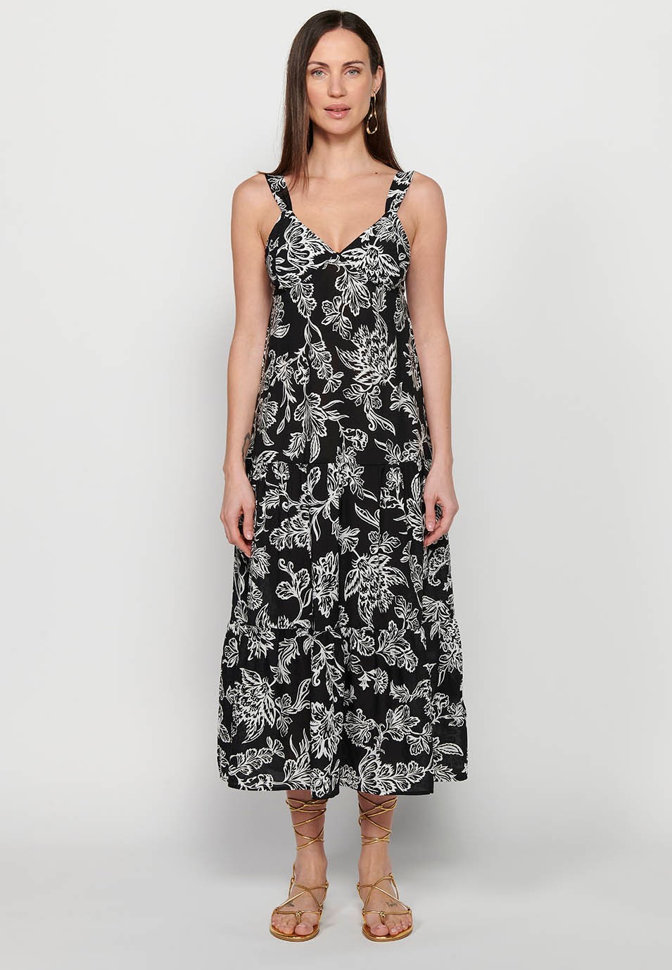 Long dress with wide straps with ruffle finish and V-neckline with floral print in Black for Women 8