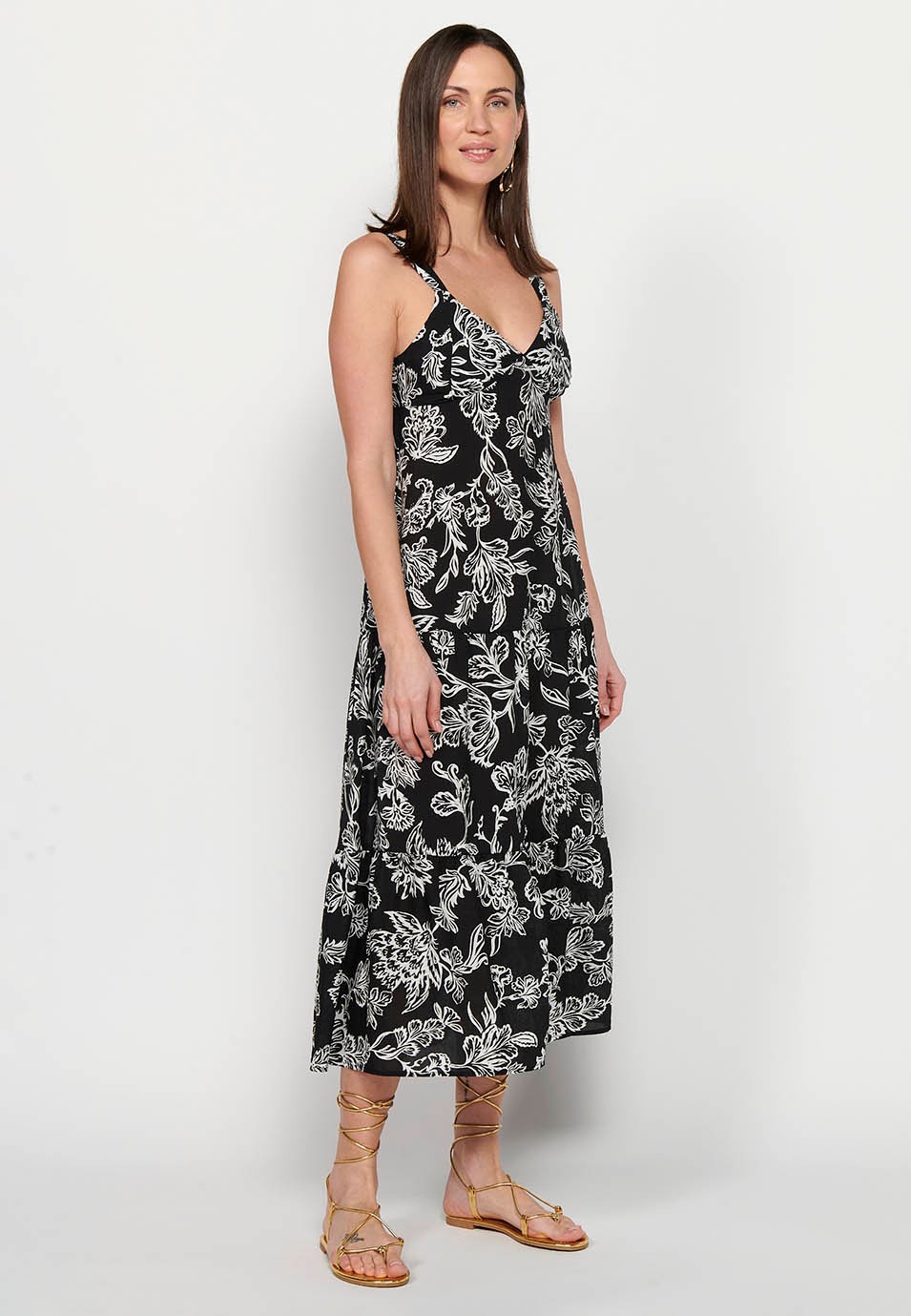 Langes Kleid mit breiten Trägern mit Rüschen und V-Ausschnitt mit Blumendruck in Schwarz für Damen 3