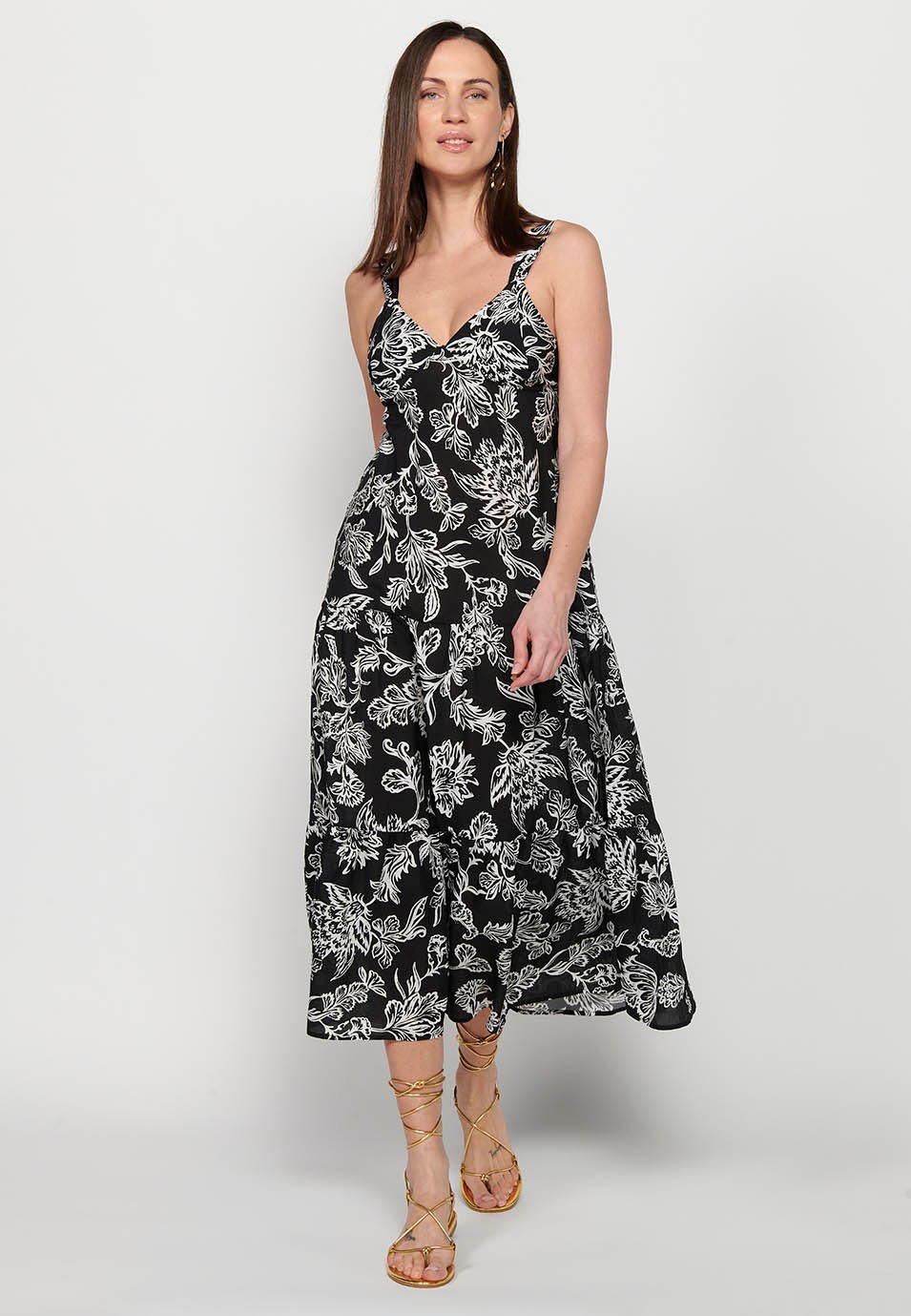 Langes Kleid mit breiten Trägern mit Rüschen und V-Ausschnitt mit Blumendruck in Schwarz für Damen 1