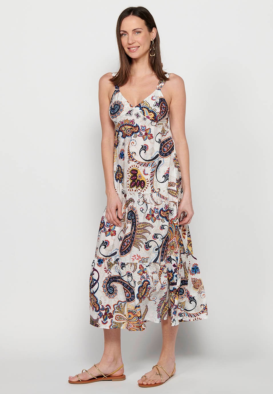 Langes Kleid mit breiten Trägern mit Rüschen und V-Ausschnitt mit mehrfarbigem Blumendruck für Damen 3
