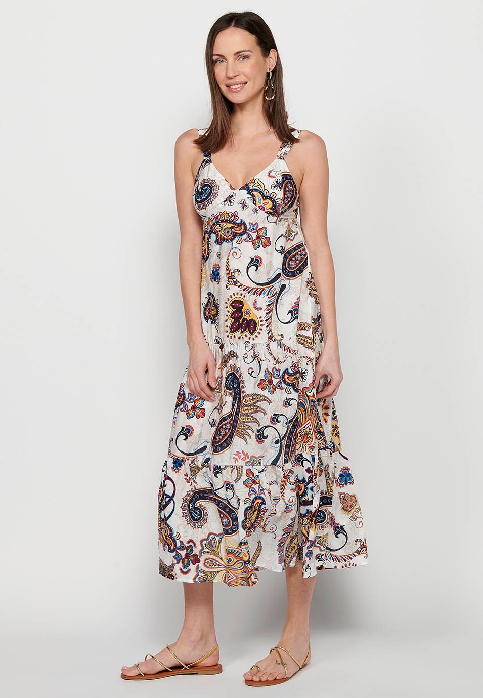 Robe longue à larges bretelles avec finition volantée et décolleté en V à imprimé fleuri multicolore pour Femme 3