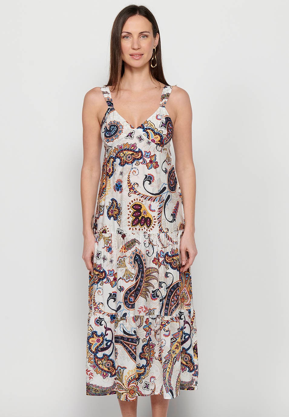 Langes Kleid mit breiten Trägern mit Rüschen und V-Ausschnitt mit mehrfarbigem Blumendruck für Damen 7