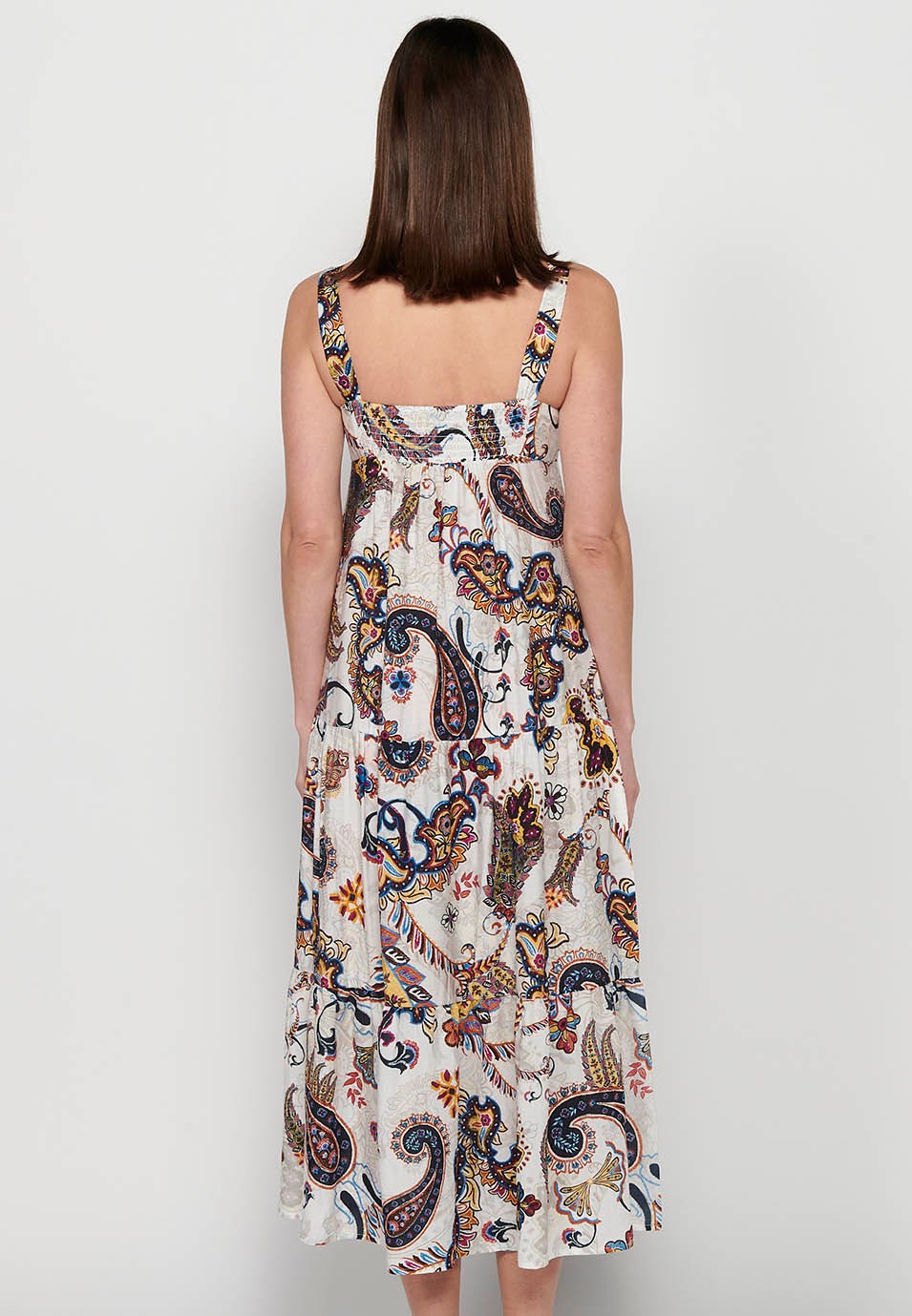 Langes Kleid mit breiten Trägern mit Rüschen und V-Ausschnitt mit mehrfarbigem Blumendruck für Damen 4
