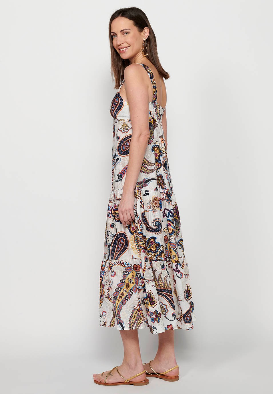 Langes Kleid mit breiten Trägern mit Rüschen und V-Ausschnitt mit mehrfarbigem Blumendruck für Damen 5