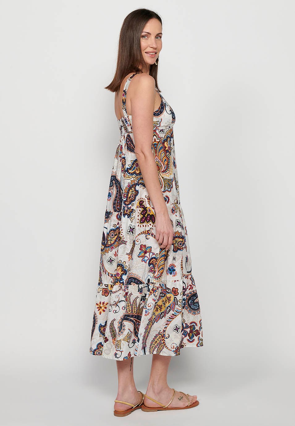 Langes Kleid mit breiten Trägern mit Rüschen und V-Ausschnitt mit mehrfarbigem Blumendruck für Damen 2