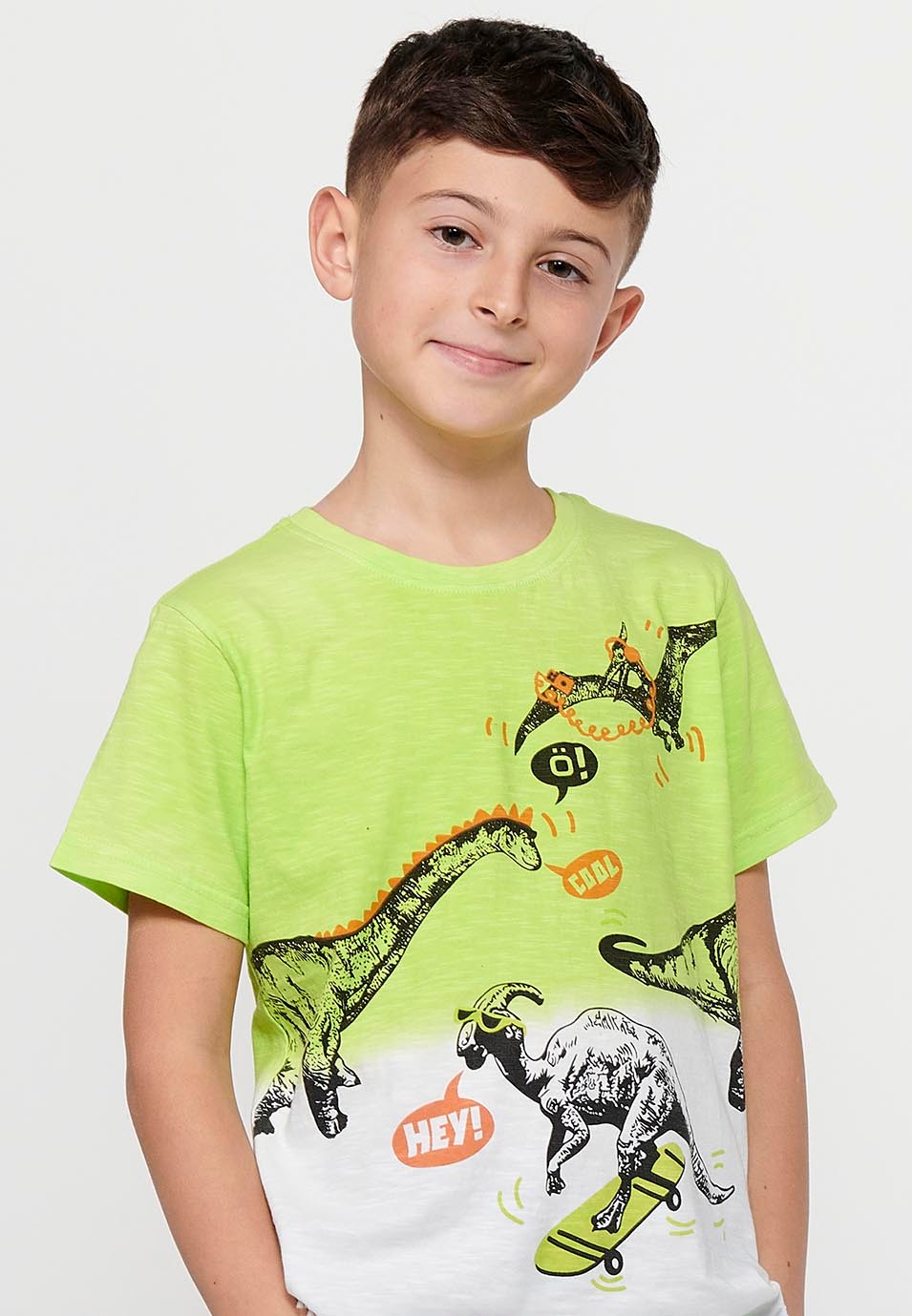 Short-sleeved Cotton T-shirt with round neck and front print in Lime color for Boys