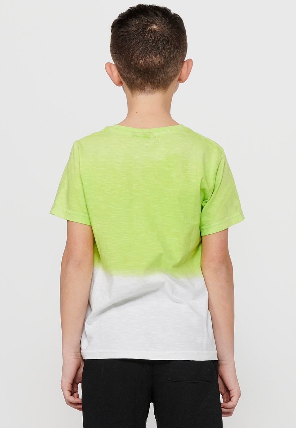 Short-sleeved Cotton T-shirt with round neck and front print in Lime color for Boys