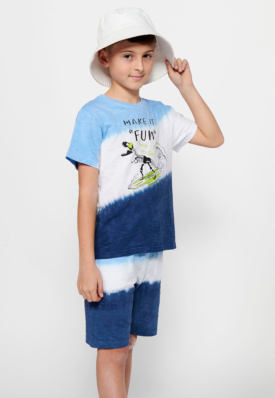 Short-sleeved Cotton Round Neck T-shirt with Blue Front Print for Boys 5