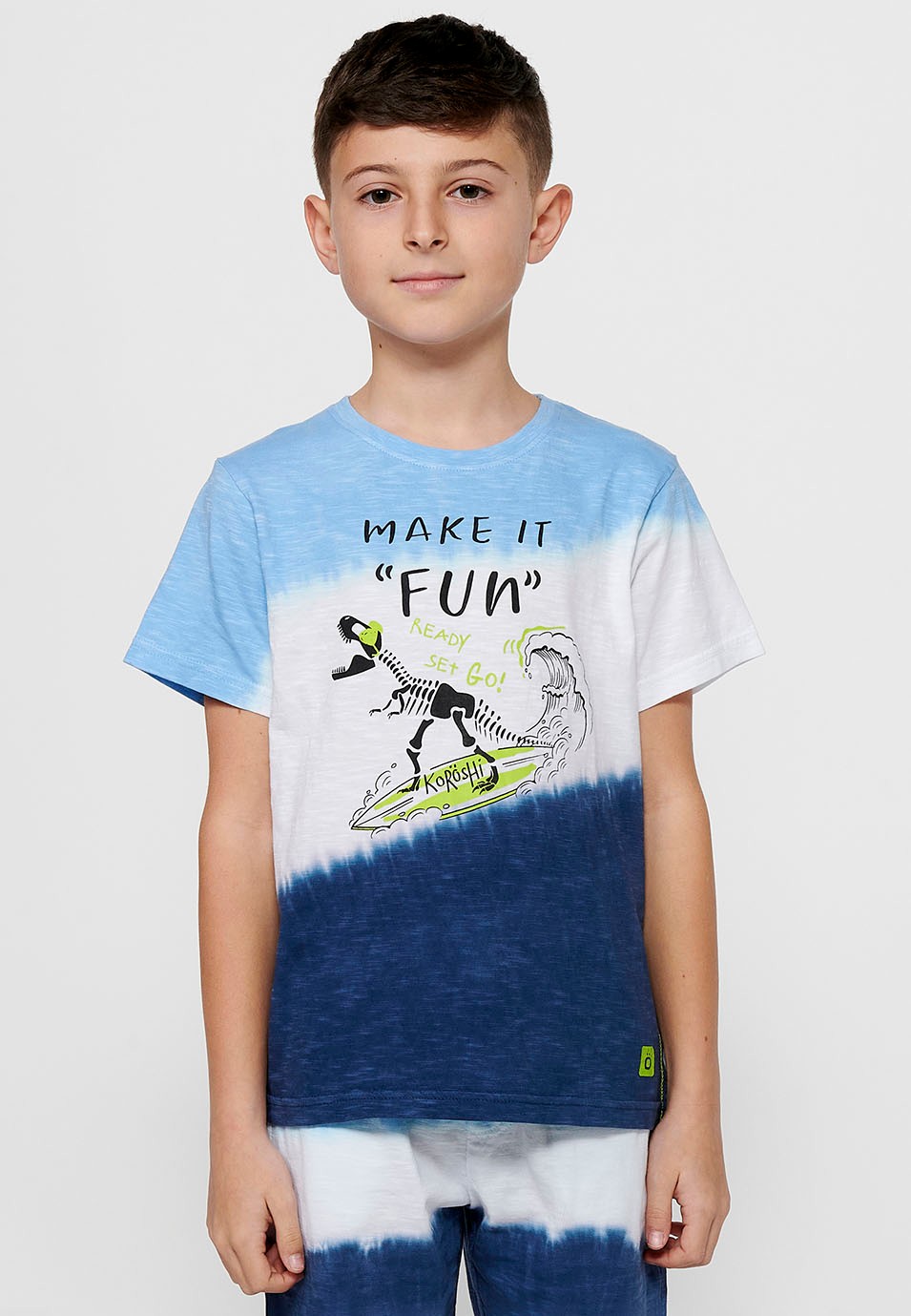 Short-sleeved Cotton Round Neck T-shirt with Blue Front Print for Boys 4