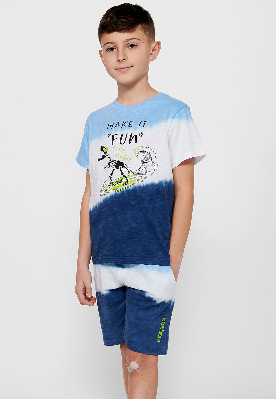 T-shirt manches courtes col rond en coton imprimé bleu devant pour garçon 2