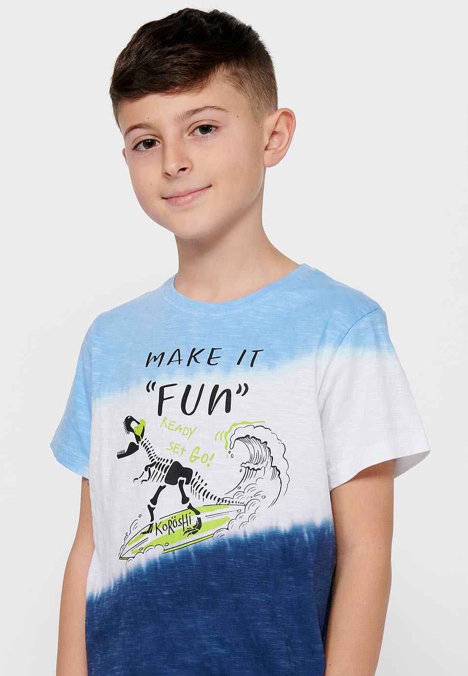 Short-sleeved Cotton Round Neck T-shirt with Blue Front Print for Boys 3