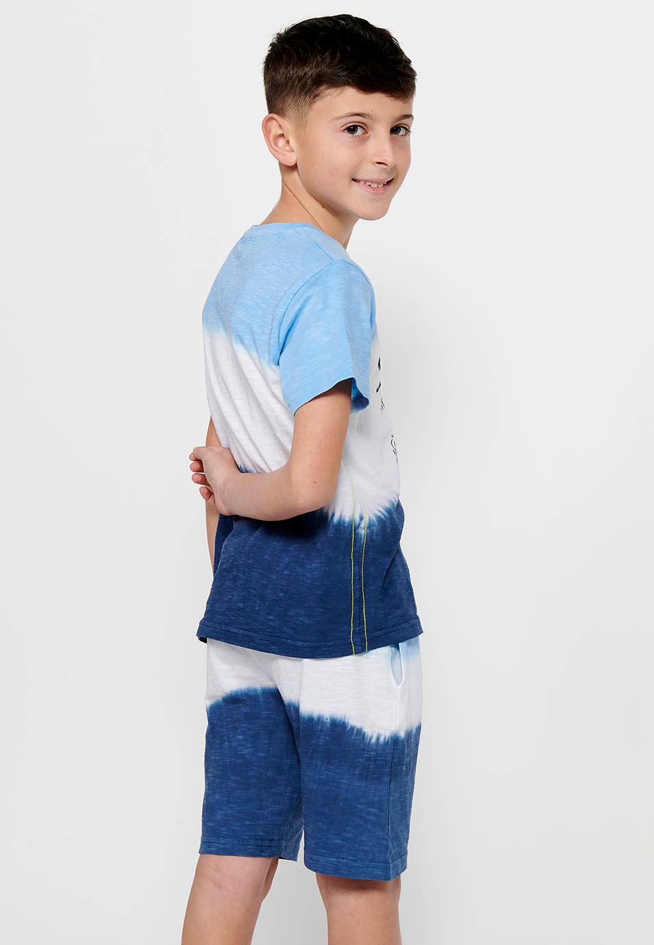 T-shirt manches courtes col rond en coton imprimé bleu devant pour garçon 1