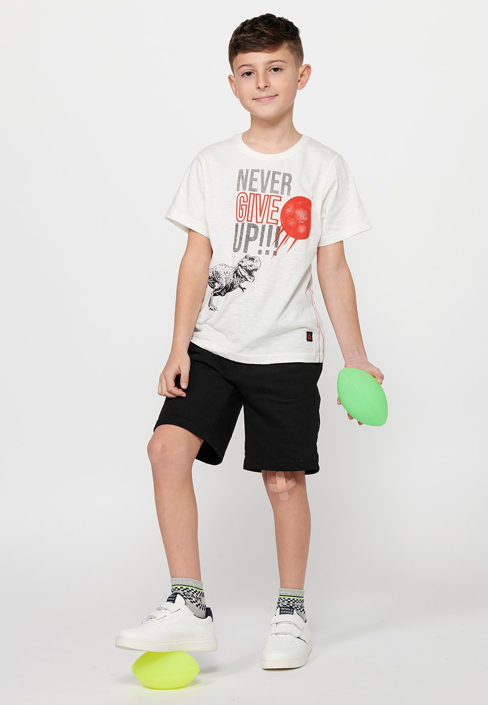 Short-sleeved Cotton Round Neck T-shirt with Ecru Front Print for Boys