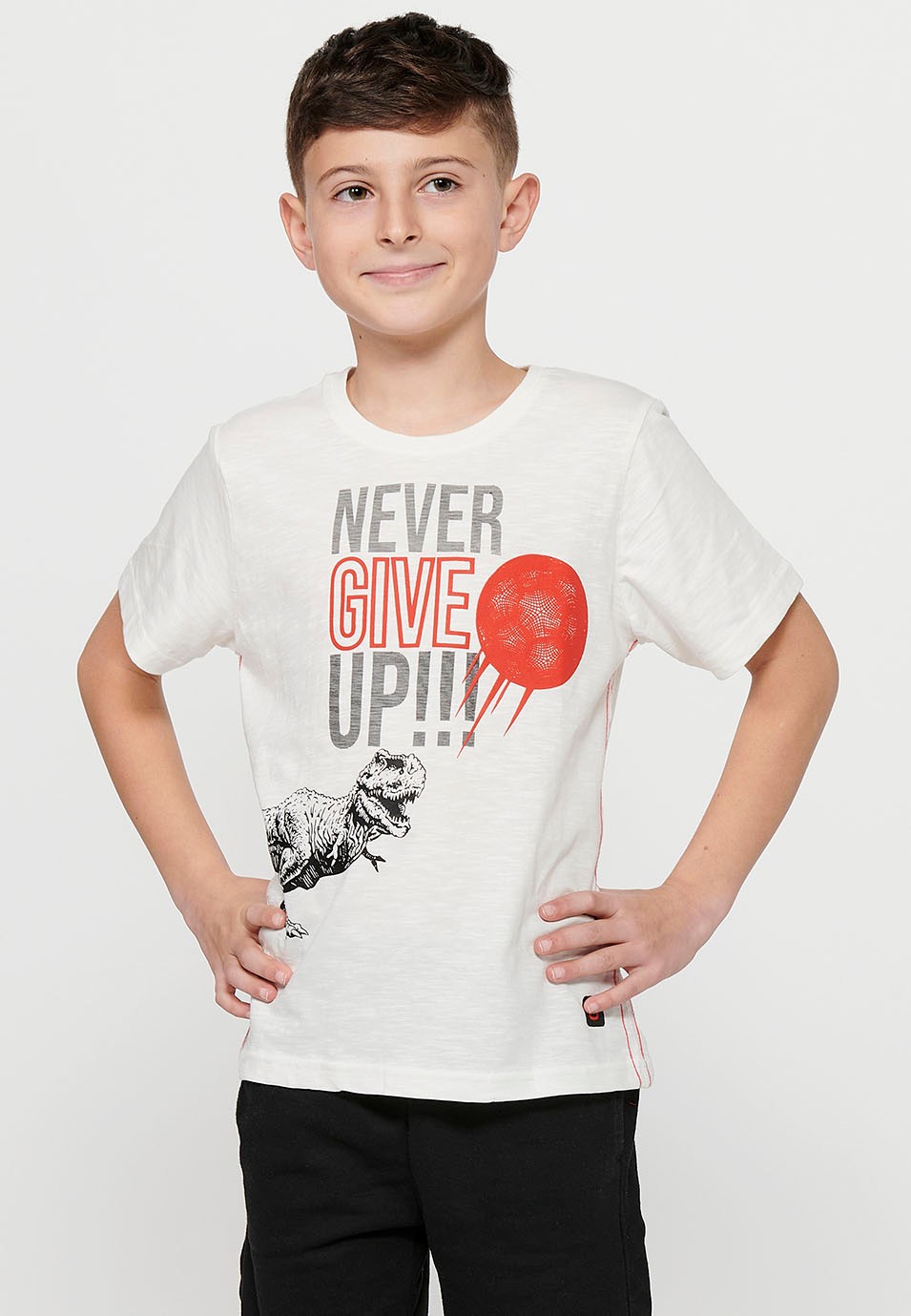 Short-sleeved Cotton Round Neck T-shirt with Ecru Front Print for Boys 2