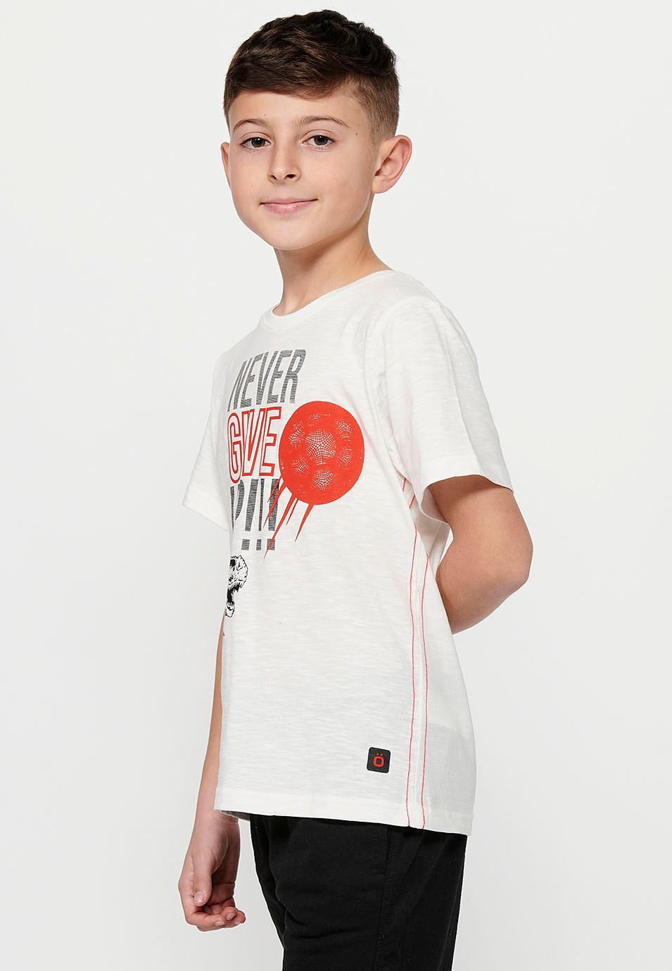 Short-sleeved Cotton Round Neck T-shirt with Ecru Front Print for Boys 7