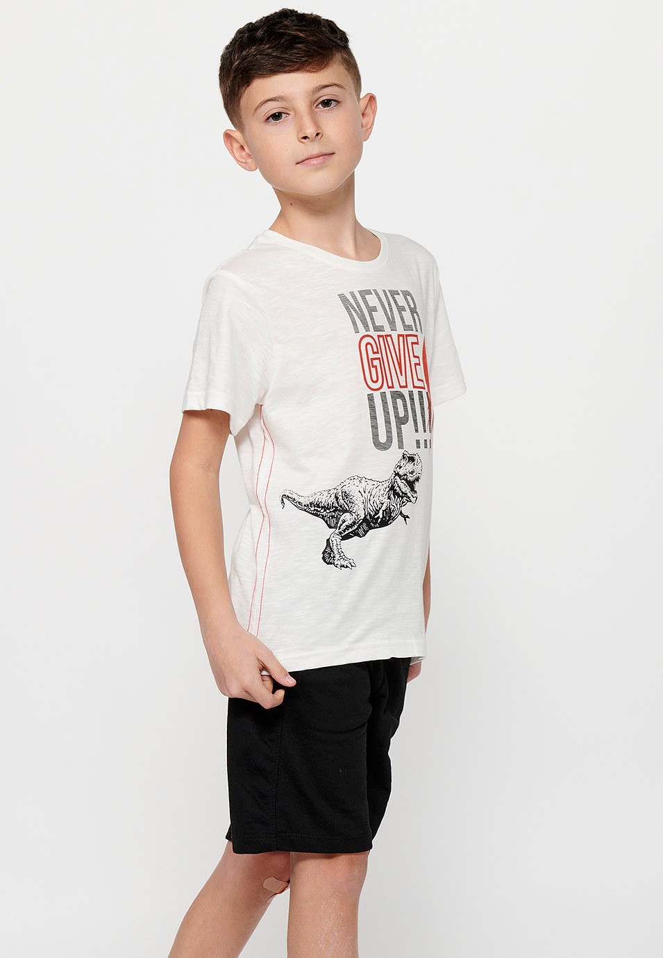 Short-sleeved Cotton Round Neck T-shirt with Ecru Front Print for Boys 6