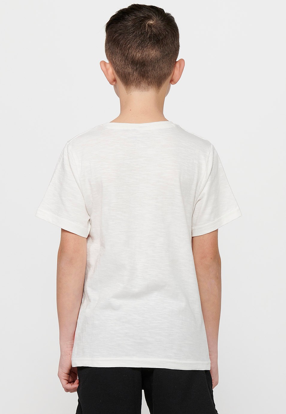 Short-sleeved Cotton Round Neck T-shirt with Ecru Front Print for Boys 5