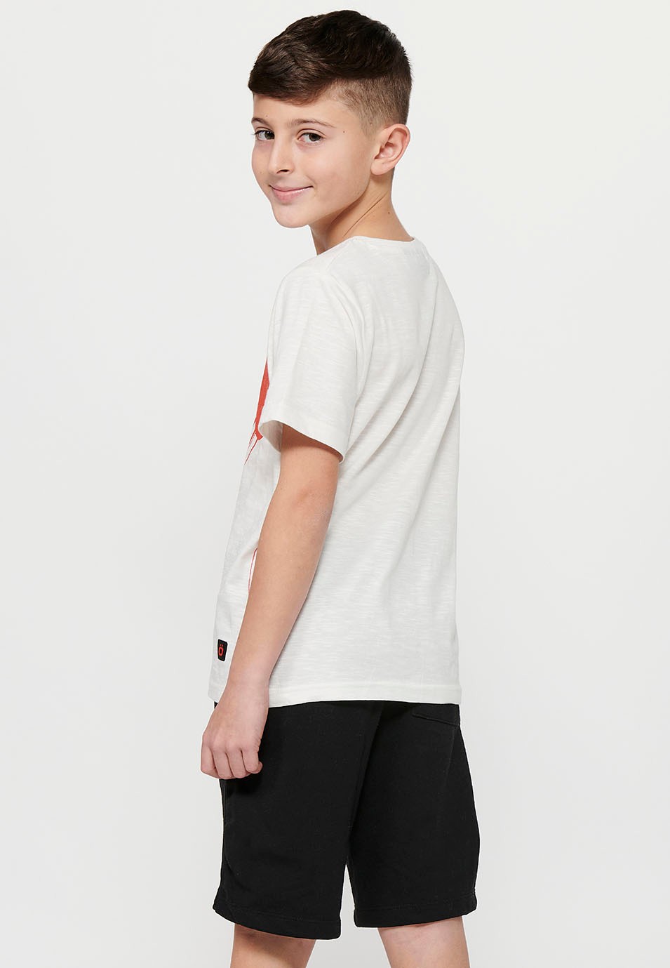 Short-sleeved Cotton Round Neck T-shirt with Ecru Front Print for Boys 1