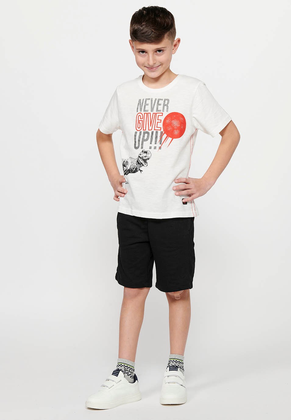 Short-sleeved Cotton Round Neck T-shirt with Ecru Front Print for Boys 4