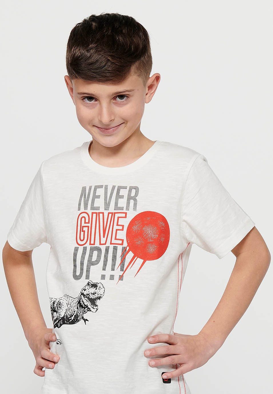 Short-sleeved Cotton Round Neck T-shirt with Ecru Front Print for Boys 3