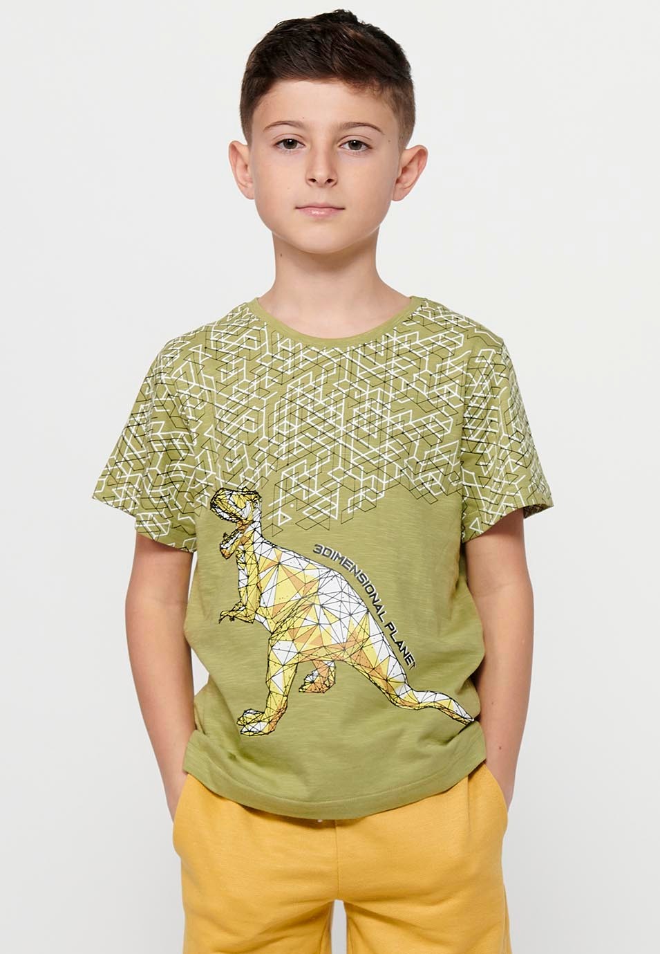 Short-sleeved Cotton Round Neck T-shirt with Khaki Front Print for Boys