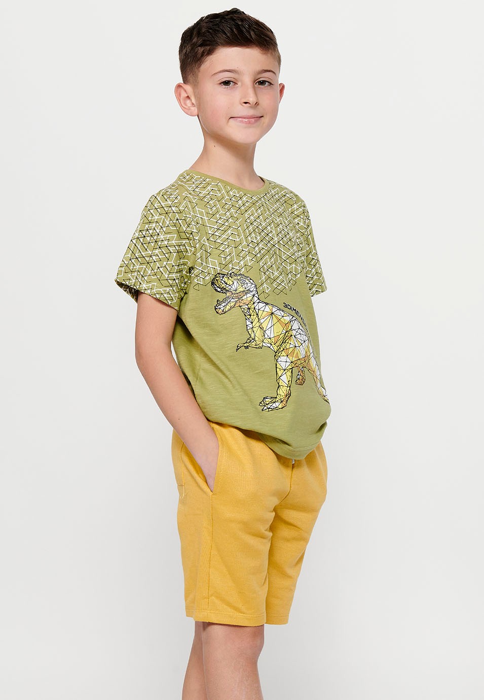 Samarreta de màniga curta de Cotó i coll rodó amb Estampat davanter de Color Kaki per a Nen