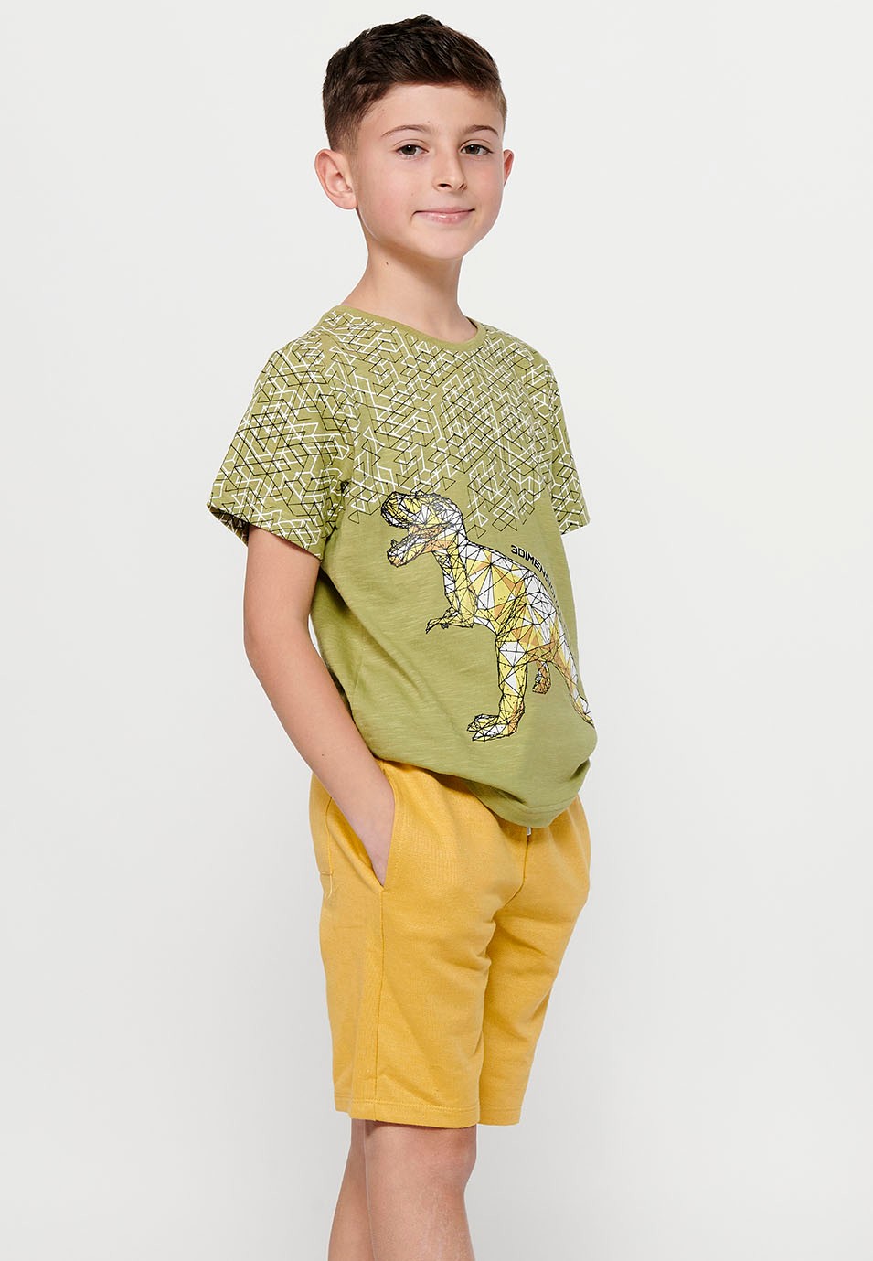 Short-sleeved Cotton Round Neck T-shirt with Khaki Front Print for Boys