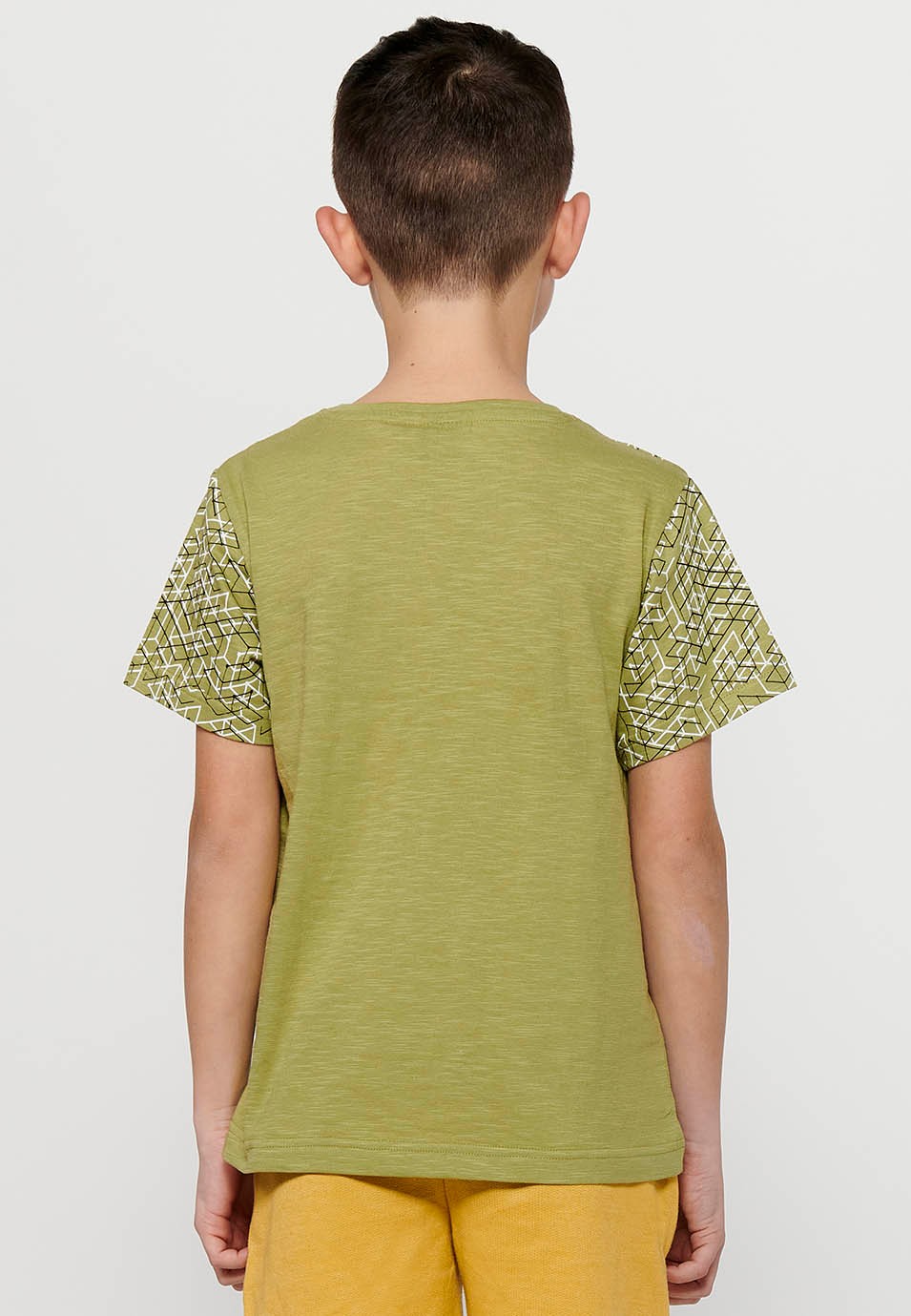 Short-sleeved Cotton Round Neck T-shirt with Khaki Front Print for Boys