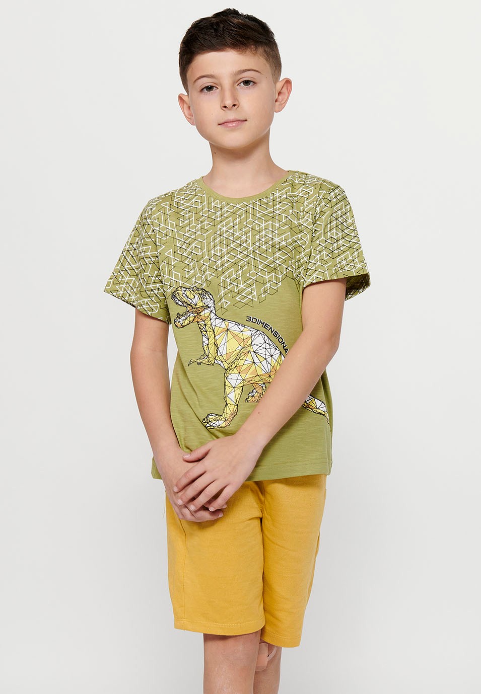 Short-sleeved Cotton Round Neck T-shirt with Khaki Front Print for Boys