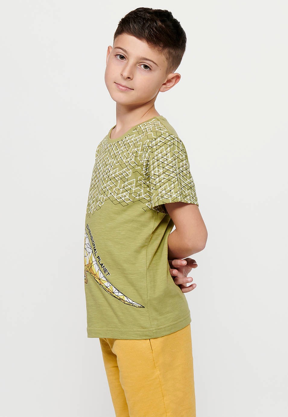 Short-sleeved Cotton Round Neck T-shirt with Khaki Front Print for Boys