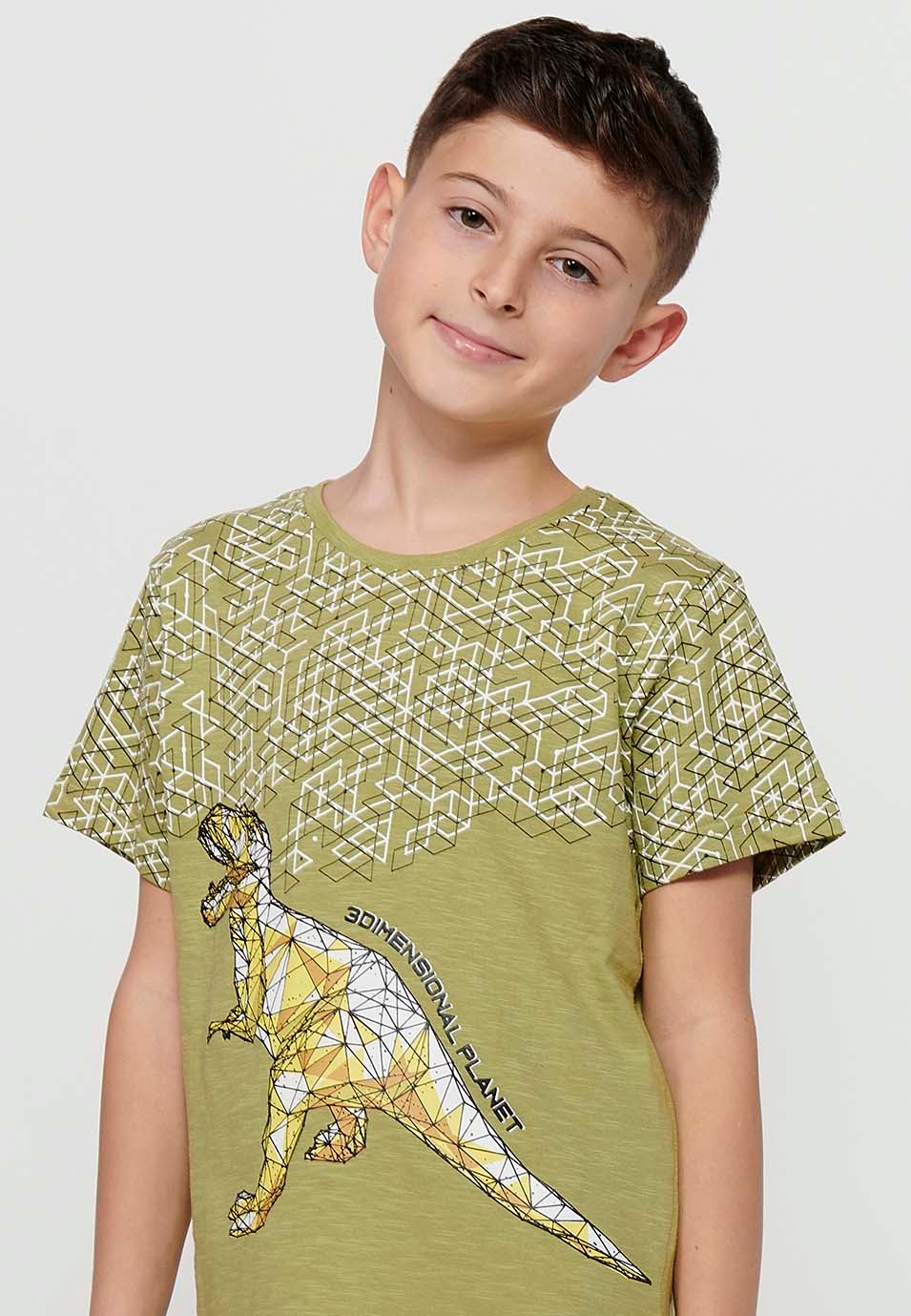 Short-sleeved Cotton Round Neck T-shirt with Khaki Front Print for Boys