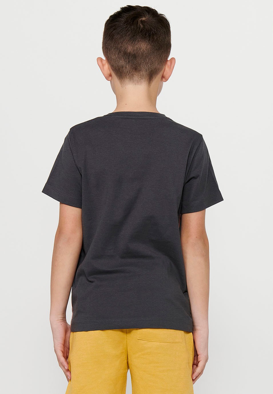 Short-sleeved Cotton Round Neck T-shirt with Dark Gray Front Print for Boys 5