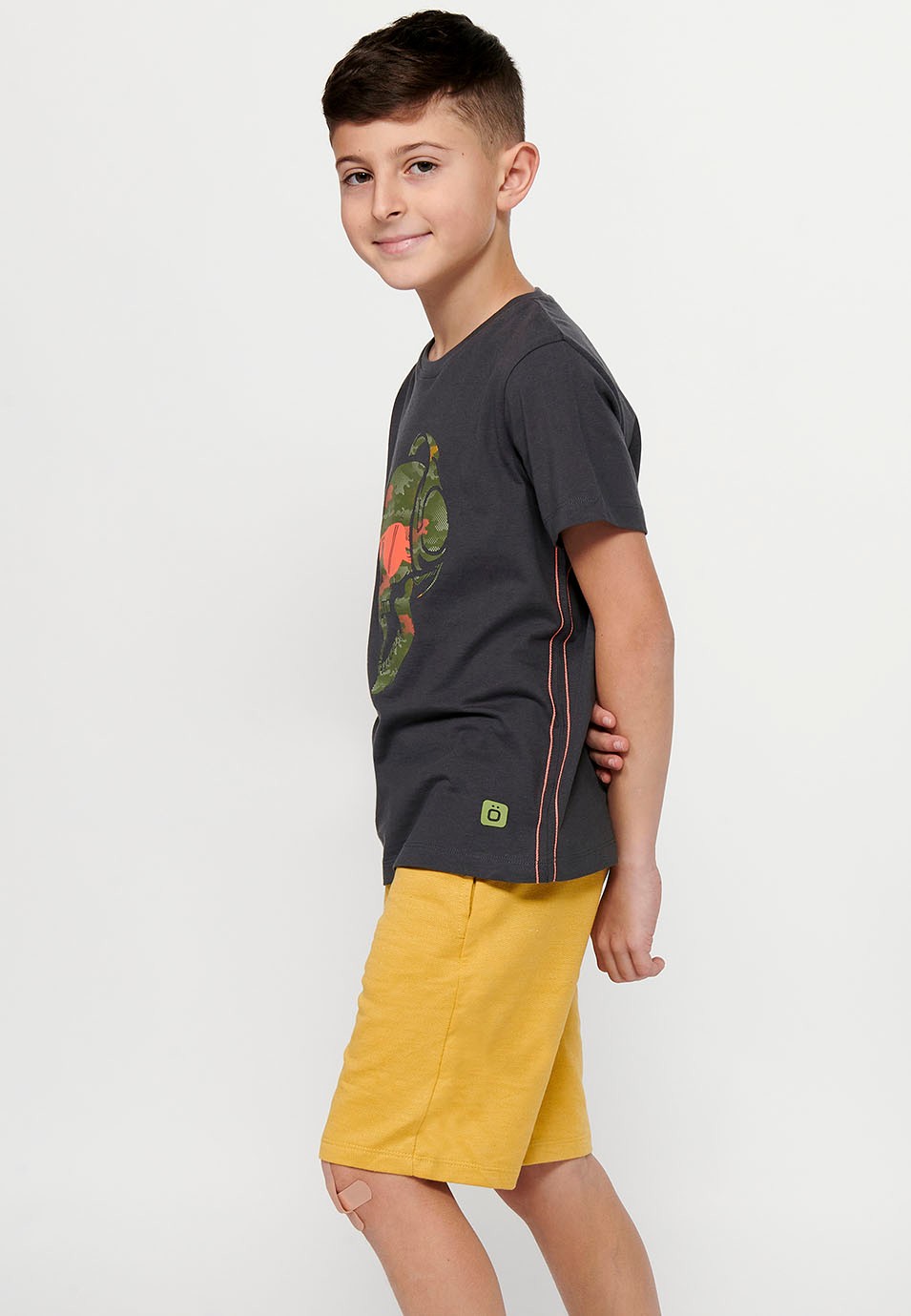 Short-sleeved Cotton Round Neck T-shirt with Dark Gray Front Print for Boys 4