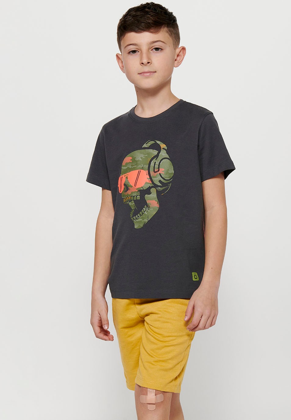 Short-sleeved Cotton Round Neck T-shirt with Dark Gray Front Print for Boys 6