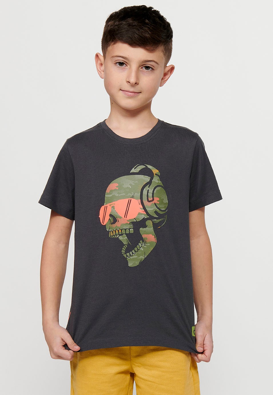 Short-sleeved Cotton Round Neck T-shirt with Dark Gray Front Print for Boys 2