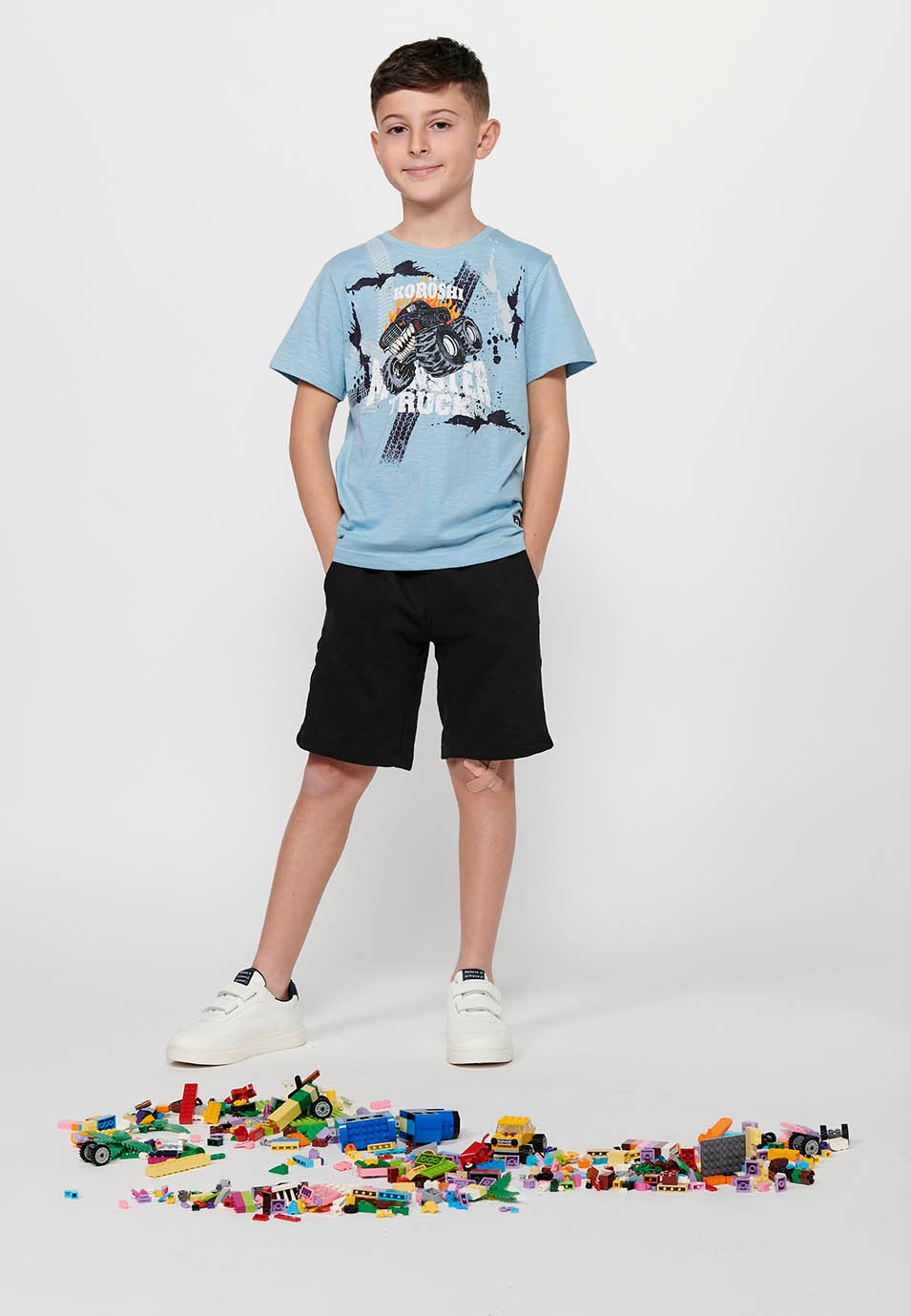 Short-sleeved cotton T-shirt with a round neckline. Front print Color Light blue for Boys