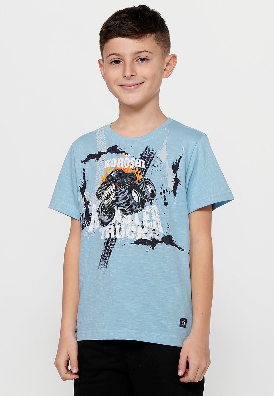 Short-sleeved cotton T-shirt with a round neckline. Front print Color Light blue for Boys 3