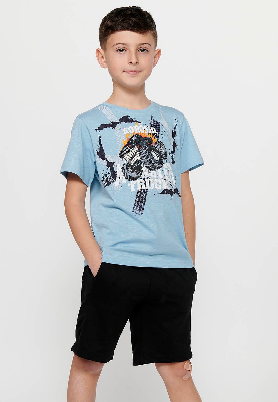 Short-sleeved cotton T-shirt with a round neckline. Front print Color Light blue for Boys 1