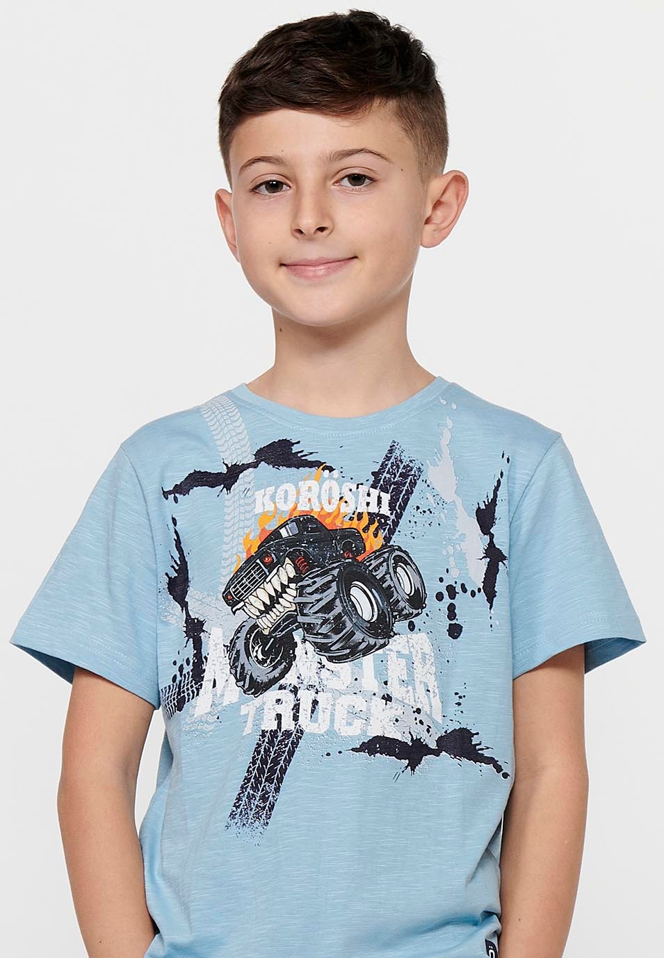 Short-sleeved cotton T-shirt with a round neckline. Front print Color Light blue for Boys 2