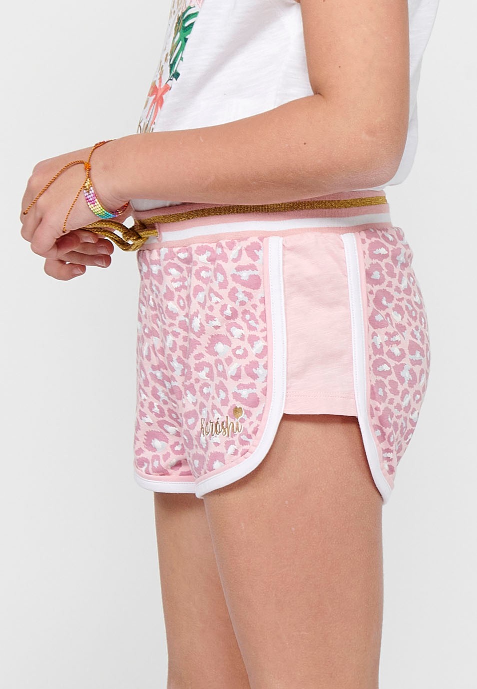 Pink Shorts with Animal Print and Elasticated Waistband and Drawstring for Girls