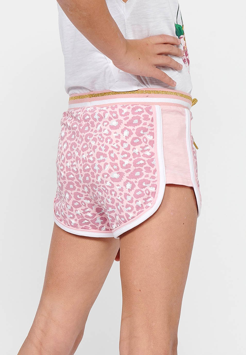 Pink Shorts with Animal Print and Elasticated Waistband and Drawstring for Girls