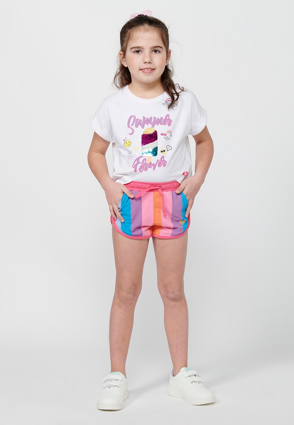 Pantalons curts Short Cintura engomada ajustable amb cordó i Tela a ratlles de Color Rosa per a Nena