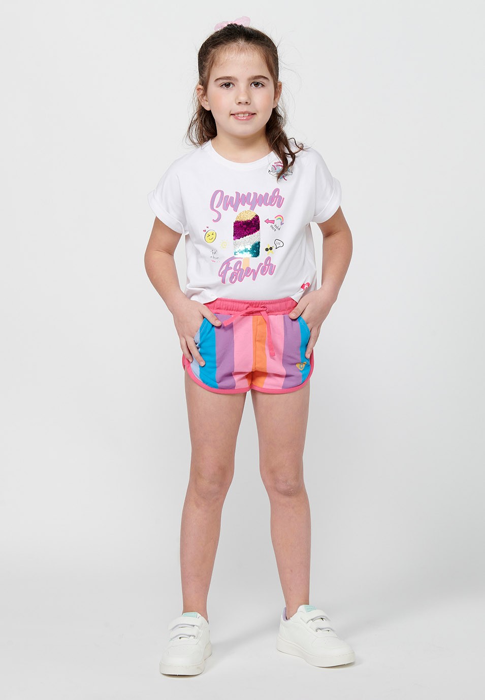 Pantalón corto Short Cintura engomada ajustable con cordón y Tela a rayas de Color Rosa para Niña