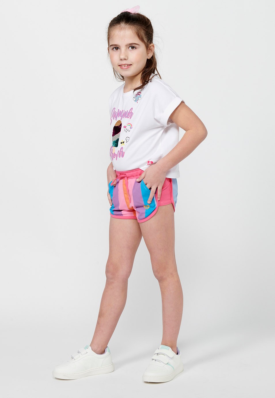 Pink Shorts with Adjustable Rubberized Waistband with Drawstring and Striped Fabric for Girls 2