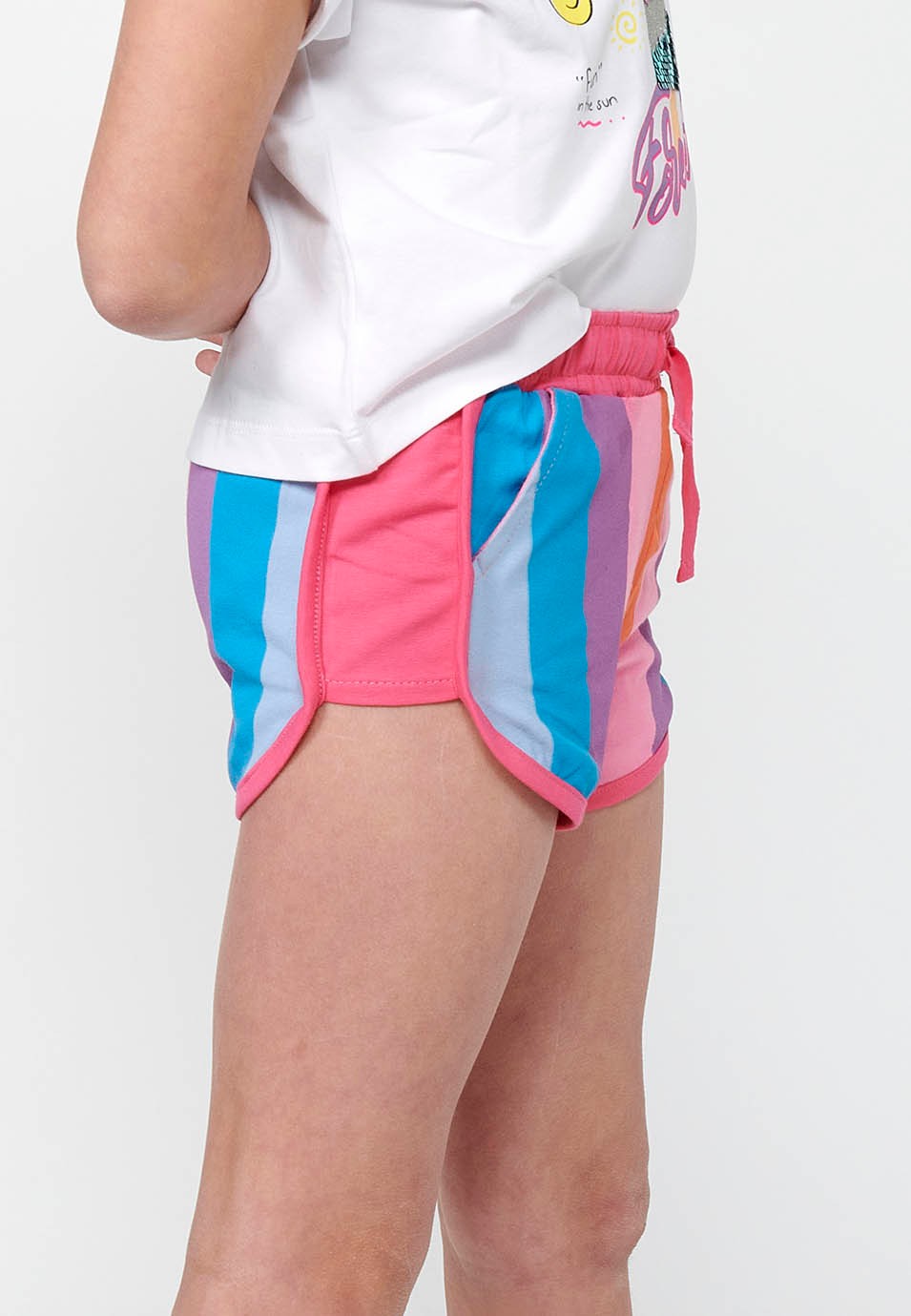 Pink Shorts with Adjustable Rubberized Waistband with Drawstring and Striped Fabric for Girls 6