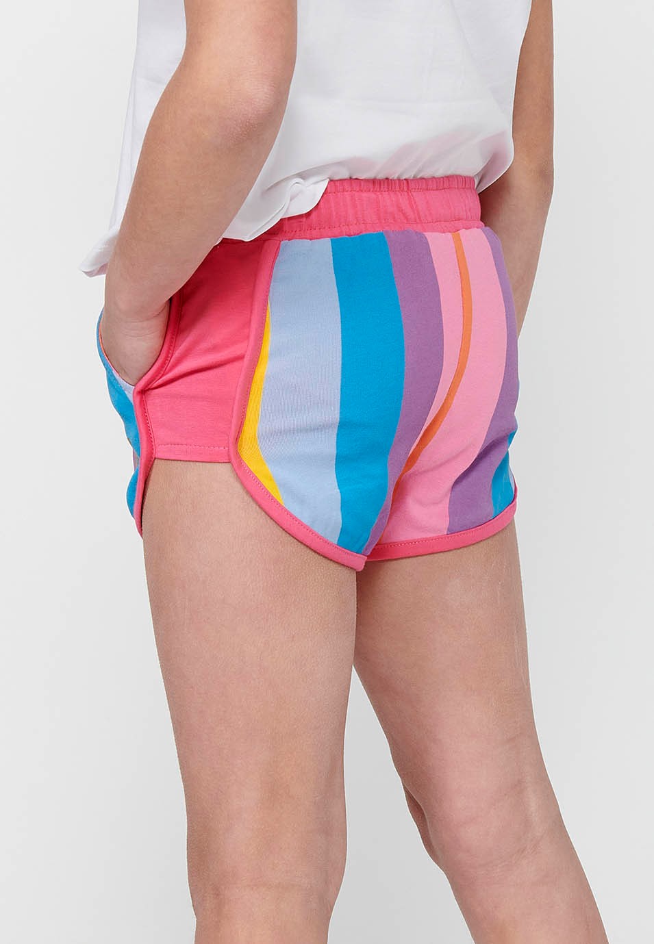 Pantalón corto Short Cintura engomada ajustable con cordón y Tela a rayas de Color Rosa para Niña 5