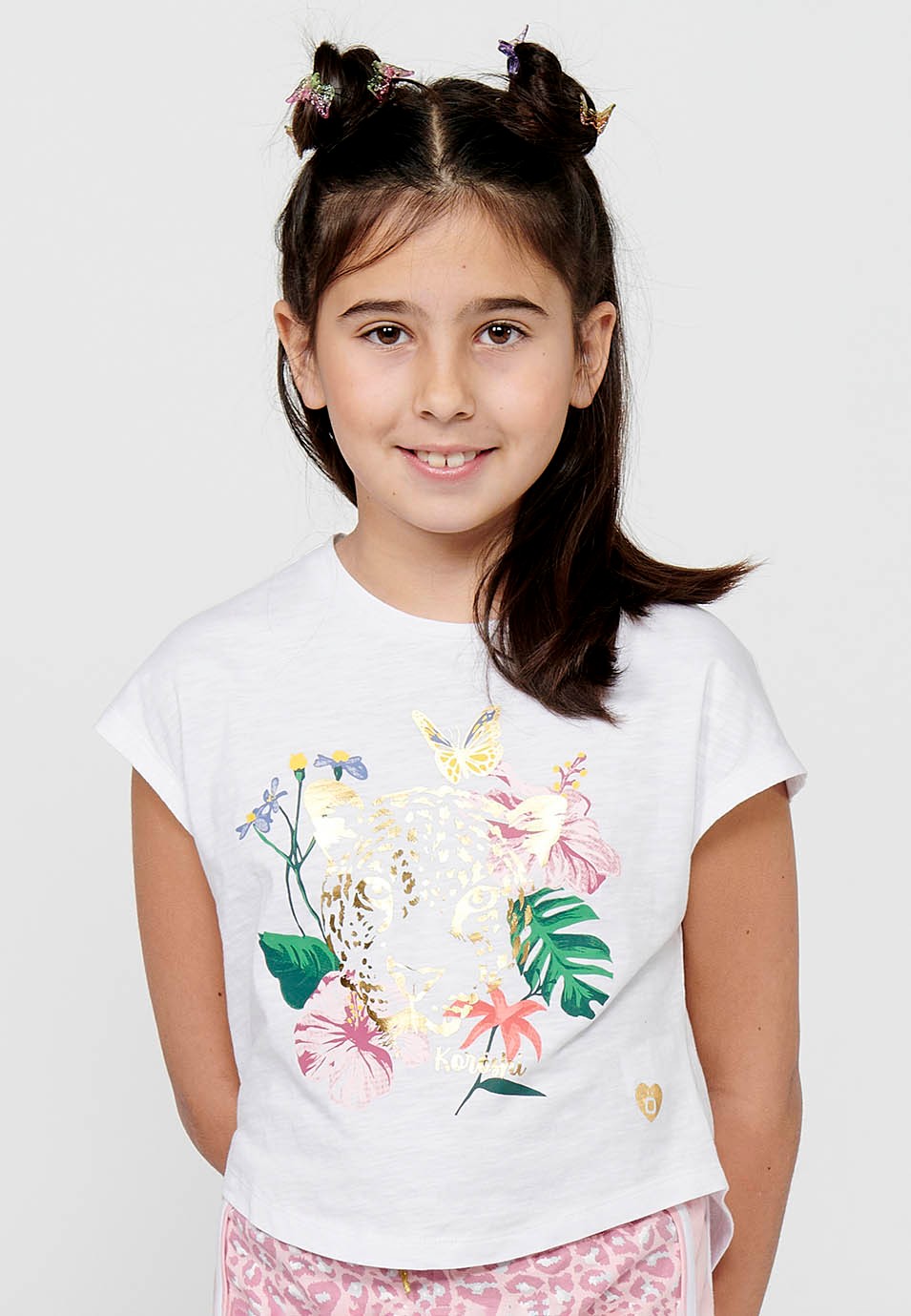 Girls' White Round Neck Front Printed Cotton Short Sleeve Crop Top