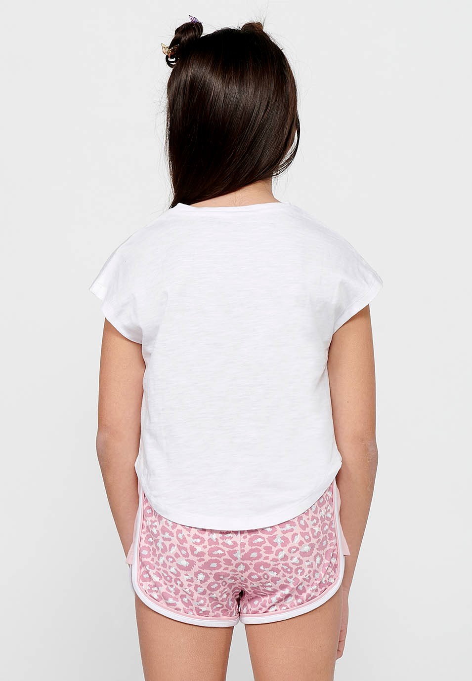 Girls' White Round Neck Front Printed Cotton Short Sleeve Crop Top